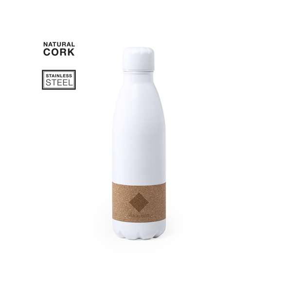 Bidón de línea nature y 750ml de capacidad. Cuerpo en acero inox de color blanco mate, con franja central en corcho natural. Tapón de seguridad de rosca a juego y presentado en atractiva caja de diseño eco.