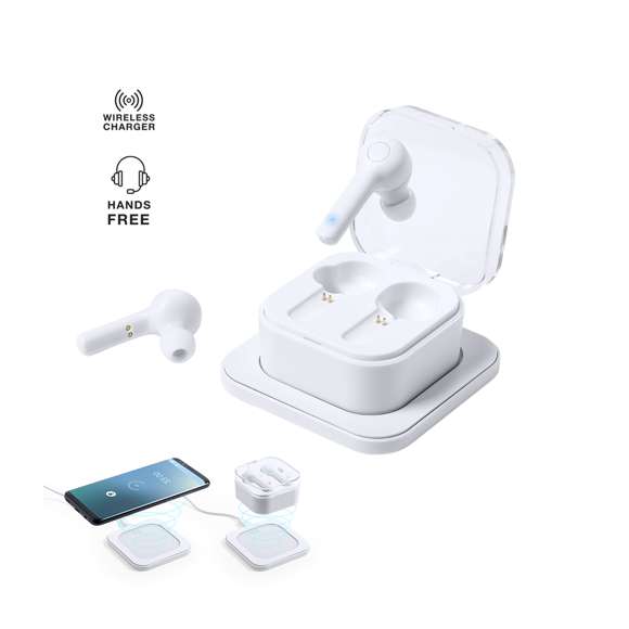 Auriculares intraurales Bluetooth® 5.0 con base de carga inalámbrica 5w, Compatible con dispositivos equipados con tecnología de carga inalámbrica. En elegante acabado de color blanco y de diseño ergonómico. Incluyen botón de control integrado en el auricular y cuentan con batería de litio. Base de carga a juego y luz LED de estado de carga. Función manos libres y recargables, con cable de carga incluido. Presentados en estuche individual de lujo con tapa de bisagra y en atractiva caja individual de diseño.