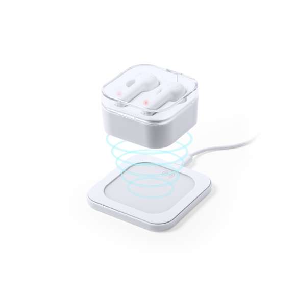 Auriculares intraurales Bluetooth® 5.0 con base de carga inalámbrica 5w, Compatible con dispositivos equipados con tecnología de carga inalámbrica. En elegante acabado de color blanco y de diseño ergonómico. Incluyen botón de control integrado en el auricular y cuentan con batería de litio. Base de carga a juego y luz LED de estado de carga. Función manos libres y recargables, con cable de carga incluido. Presentados en estuche individual de lujo con tapa de bisagra y en atractiva caja individual de diseño.