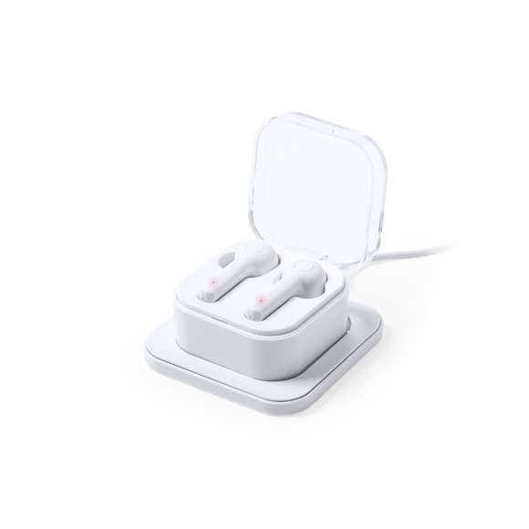 Auriculares intraurales Bluetooth® 5.0 con base de carga inalámbrica 5w, Compatible con dispositivos equipados con tecnología de carga inalámbrica. En elegante acabado de color blanco y de diseño ergonómico. Incluyen botón de control integrado en el auricular y cuentan con batería de litio. Base de carga a juego y luz LED de estado de carga. Función manos libres y recargables, con cable de carga incluido. Presentados en estuche individual de lujo con tapa de bisagra y en atractiva caja individual de diseño.