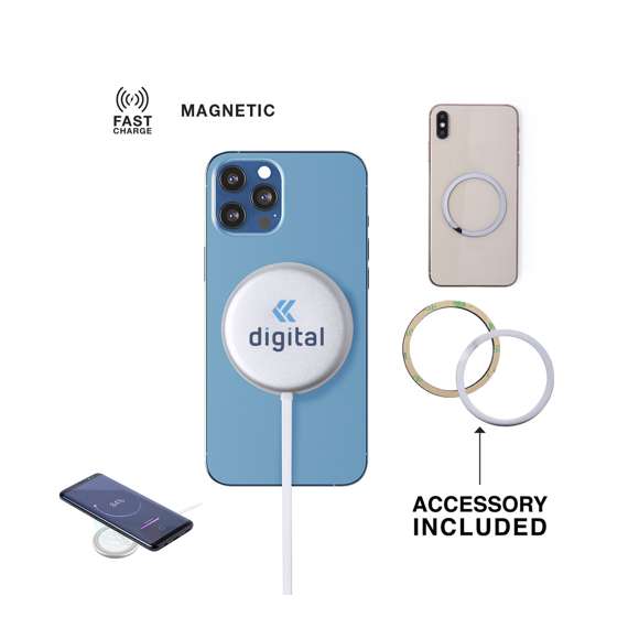 Cargador inalámbrico magnético 10W. Carcasa fabricada en resistente aluminio de acabado plateado. Con indicador de estado de carga y cable USB de 1m con conector de aluminio. Incluye accesorio metálico con adhesivo 3M, de fijación extra fuerte y libre de residuo al despegarlo del dispositivo, permitiendo así el uso de la función magnética del cargador en cualquier dispositivo móvil. Compatible con terminales equipados con tecnología de carga inalámbrica. Amplia superficie de marcaje y presentado en atractiva caja de diseño. Disponible manual de instrucciones en español e inglés.