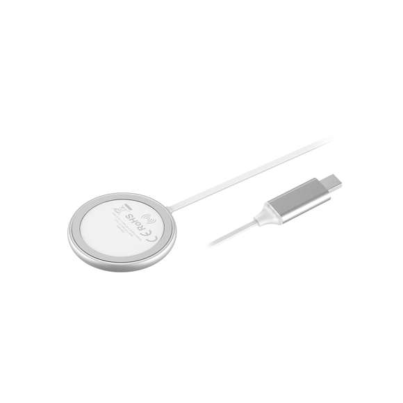 Cargador inalámbrico magnético 10W. Carcasa fabricada en resistente aluminio de acabado plateado. Con indicador de estado de carga y cable USB de 1m con conector de aluminio. Incluye accesorio metálico con adhesivo 3M, de fijación extra fuerte y libre de residuo al despegarlo del dispositivo, permitiendo así el uso de la función magnética del cargador en cualquier dispositivo móvil. Compatible con terminales equipados con tecnología de carga inalámbrica. Amplia superficie de marcaje y presentado en atractiva caja de diseño. Disponible manual de instrucciones en español e inglés.