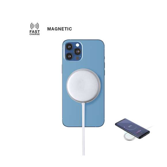 Cargador inalámbrico magnético 10W. Carcasa fabricada en resistente aluminio de acabado plateado. Con indicador de estado de carga y cable USB de 1m con conector de aluminio. Incluye accesorio metálico con adhesivo 3M, de fijación extra fuerte y libre de residuo al despegarlo del dispositivo, permitiendo así el uso de la función magnética del cargador en cualquier dispositivo móvil. Compatible con terminales equipados con tecnología de carga inalámbrica. Amplia superficie de marcaje y presentado en atractiva caja de diseño. Disponible manual de instrucciones en español e inglés.