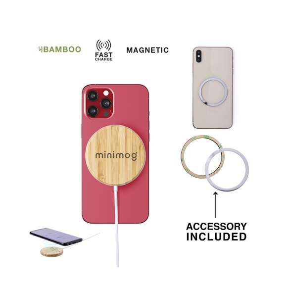 Cargador inalámbrico magnético 10W de línea nature, con carcasa fabricada en resistente bambú. Con indicador de estado de carga y cable USB de 1m. Incluye accesorio metálico con adhesivo 3M, de fijación extra fuerte y libre de residuo al despegarlo del dispositivo, permitiendo así el uso de la función magnética del cargador en cualquier dispositivo móvil. Compatible con terminales equipados con tecnología de carga inalámbrica. Amplia superficie de marcaje y presentado en atractiva caja de diseño eco. Disponible manual de instrucciones en español e inglés.