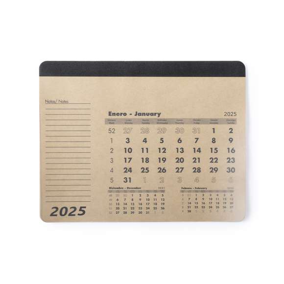 Alfombrilla calendario de línea nature, con hojas interiores en papel reciclado. Diseño mes en curso/mes anterior/mes siguiente, con espacio para notas. Cubierta de protección transparente y base acolchada antideslizante.