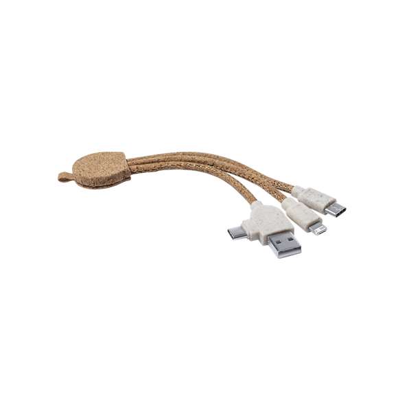 Cable cargador USB de línea nature, fabricado en corcho natural y con accesorios en caña de trigo, para así fomentar la utilización de materias primas naturales y reducir las emisiones contaminantes. Con conexiones USB, tipo C (entrada y salida) y dual micro USB-Lightning. Con accesorio para colgar y zona lisa para marcaje. Presentado en bolsa individual autocierre de diseño eco.