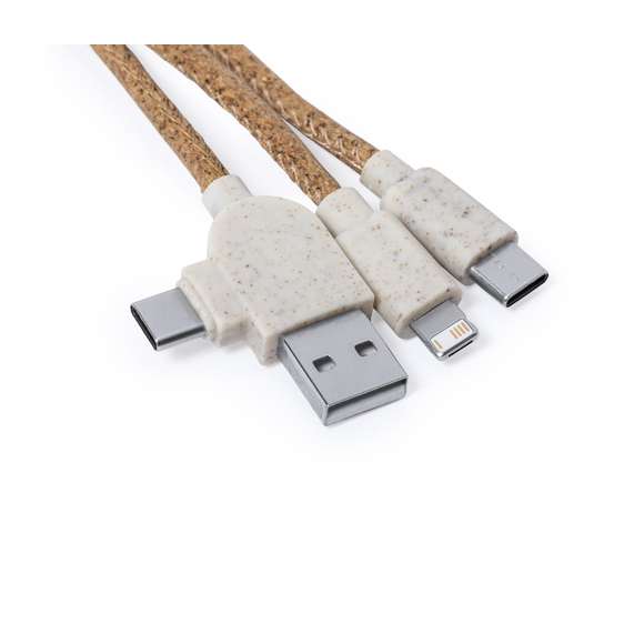 Cable cargador USB de línea nature, fabricado en corcho natural y con accesorios en caña de trigo, para así fomentar la utilización de materias primas naturales y reducir las emisiones contaminantes. Con conexiones USB, tipo C (entrada y salida) y dual micro USB-Lightning. Con accesorio para colgar y zona lisa para marcaje. Presentado en bolsa individual autocierre de diseño eco.