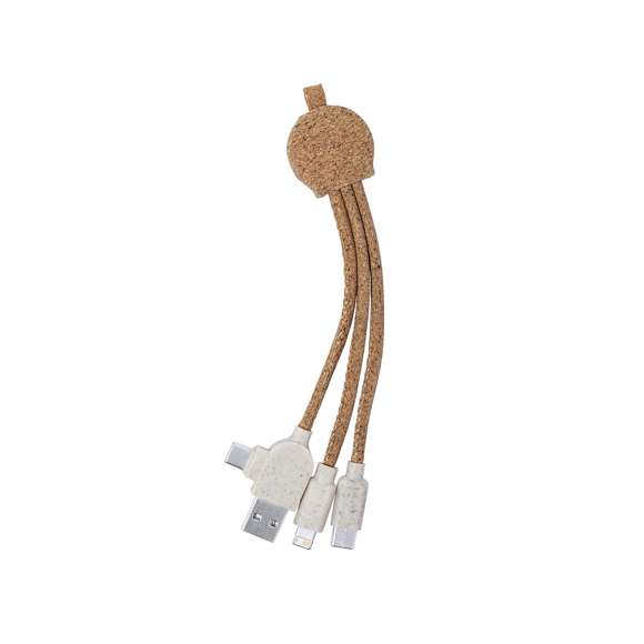Cable cargador USB de línea nature, fabricado en corcho natural y con accesorios en caña de trigo, para así fomentar la utilización de materias primas naturales y reducir las emisiones contaminantes. Con conexiones USB, tipo C (entrada y salida) y dual micro USB-Lightning. Con accesorio para colgar y zona lisa para marcaje. Presentado en bolsa individual autocierre de diseño eco.