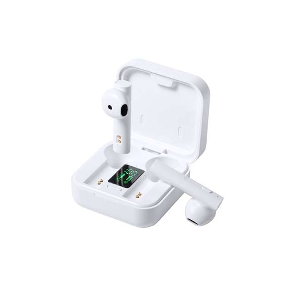 Auriculares intraurales en elegante acabado blanco y conexión Bluetooth® 5.0. Con panel de carga solar integrado en la tapa y pantalla LCD interior con indicador de estado de carga. De diseño ergonómico, incluyen botón de control integrado en el auricular, con base a juego. Función manos libres y recargables con energía solar o mediante cable micro USB -incluido-. Presentados en estuche individual premium con apertura de bisagra y en atractiva caja de diseño, con manual de instrucciones en español e inglés.