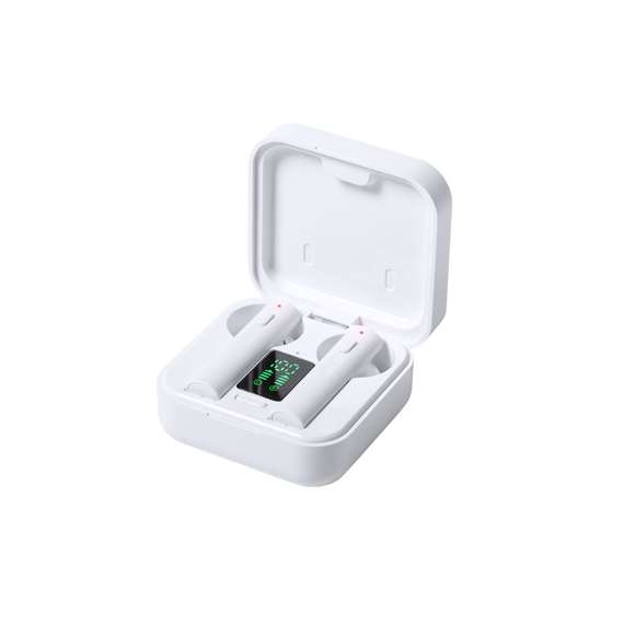 Auriculares intraurales en elegante acabado blanco y conexión Bluetooth® 5.0. Con panel de carga solar integrado en la tapa y pantalla LCD interior con indicador de estado de carga. De diseño ergonómico, incluyen botón de control integrado en el auricular, con base a juego. Función manos libres y recargables con energía solar o mediante cable micro USB -incluido-. Presentados en estuche individual premium con apertura de bisagra y en atractiva caja de diseño, con manual de instrucciones en español e inglés.