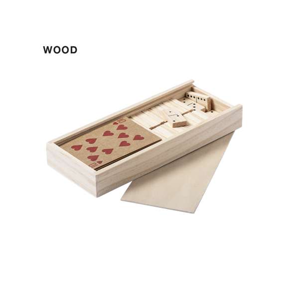Set de juegos de línea nature. Incluye baraja de naipes francesa en cartón reciclado y dominó en madera. Set presentado en estuche de madera con compartimentos individuales para cada juego y tapa con apertura deslizante.