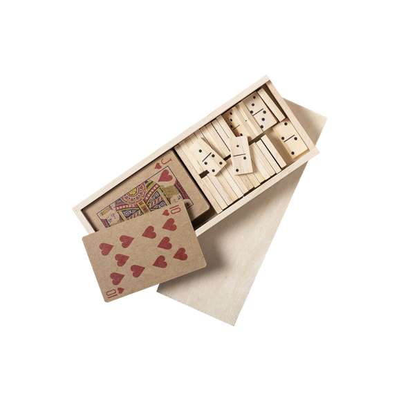 Set de juegos de línea nature. Incluye baraja de naipes francesa en cartón reciclado y dominó en madera. Set presentado en estuche de madera con compartimentos individuales para cada juego y tapa con apertura deslizante.