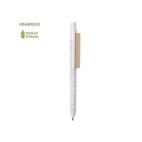 Bolígrafo de línea nature y mecanismo pulsador. Cuerpo fabricado en combinación de caña de trigo y clip en bambú, para así fomentar la utilización de materias primas naturales y reducir las emisiones contaminantes. Clip con amplia zona de marcaje y en tinta azul. Distintivo caña de trigo en la parte superior del bolígrafo.