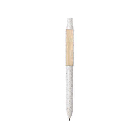 Bolígrafo de línea nature y mecanismo pulsador. Cuerpo fabricado en combinación de caña de trigo y clip en bambú, para así fomentar la utilización de materias primas naturales y reducir las emisiones contaminantes. Clip con amplia zona de marcaje y en tinta azul. Distintivo caña de trigo en la parte superior del bolígrafo.