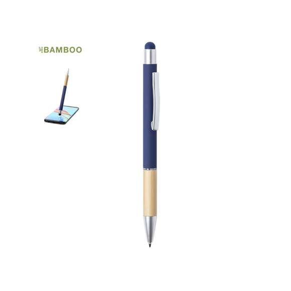 Bolígrafo puntero de línea nature y mecanismo pulsador. De elegante diseño, con cuerpo en aluminio de acabado mate y empuñadura en bambú, con accesorios en acabado mate. Clip metálico y anilla transparente, en tinta azul. Disponible en variada gama de colores.