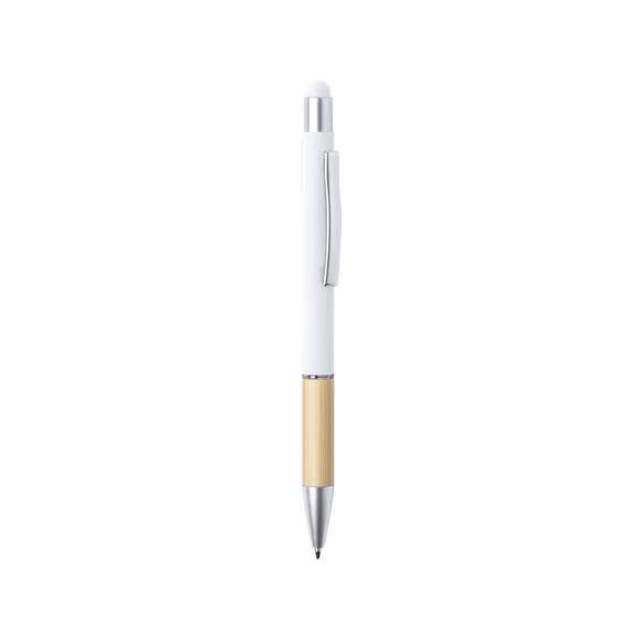 Bolígrafo puntero de línea nature y mecanismo pulsador. De elegante diseño, con cuerpo en aluminio de acabado mate y empuñadura en bambú, con accesorios en acabado mate. Clip metálico y anilla transparente, en tinta azul. Disponible en variada gama de colores.