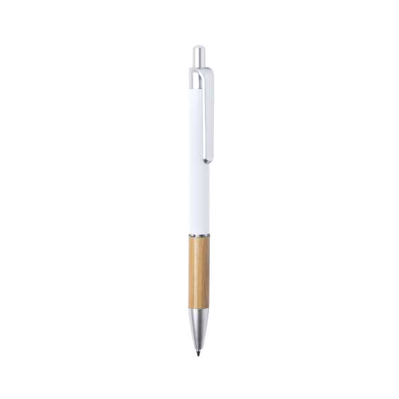  	Bolígrafo de línea nature y mecanismo pulsador. De elegante diseño, con cuerpo en aluminio de acabado mate y empuñadura en bambú, con accesorios en acabado mate. Clip de acabado metalizado y anilla transparente, en tinta azul. Disponible en variada gama de colores.
