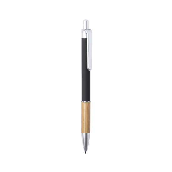  	Bolígrafo de línea nature y mecanismo pulsador. De elegante diseño, con cuerpo en aluminio de acabado mate y empuñadura en bambú, con accesorios en acabado mate. Clip de acabado metalizado y anilla transparente, en tinta azul. Disponible en variada gama de colores.