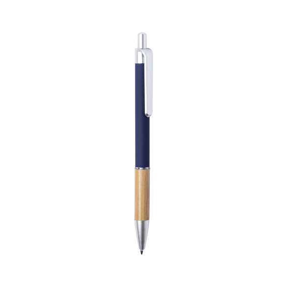 	Bolígrafo de línea nature y mecanismo pulsador. De elegante diseño, con cuerpo en aluminio de acabado mate y empuñadura en bambú, con accesorios en acabado mate. Clip de acabado metalizado y anilla transparente, en tinta azul. Disponible en variada gama de colores.