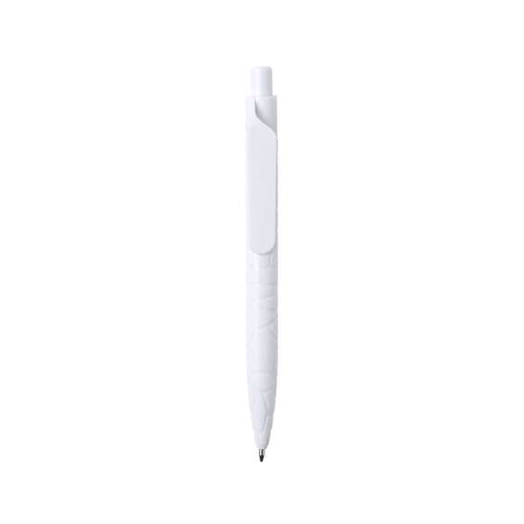 Bolígrafo de línea nature y mecanismo pulsador. Cuerpo troquelado fabricado con extractos de piedra natural, ayudando a la reducción del uso de plásticos, además de proporcionar un acabado suave y resistente. En color blanco y con distintivo natural stone en la parte superior, de cartucho jumbo y en tinta azul.