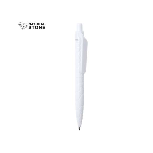 Bolígrafo de línea nature y mecanismo pulsador. Cuerpo troquelado fabricado con extractos de piedra natural, ayudando a la reducción del uso de plásticos, además de proporcionar un acabado suave y resistente. En color blanco y con distintivo natural stone en la parte superior, de cartucho jumbo y en tinta azul.