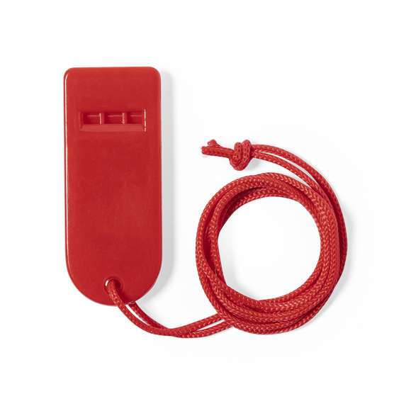 Silbato de original diseño y fabricado en resistente PS. Con cinta para el cuello a juego y disponible en extensa gama de colores.