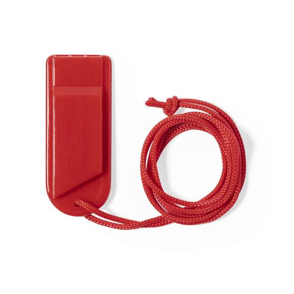 Silbato de original diseño y fabricado en resistente PS. Con cinta para el cuello a juego y disponible en extensa gama de colores.