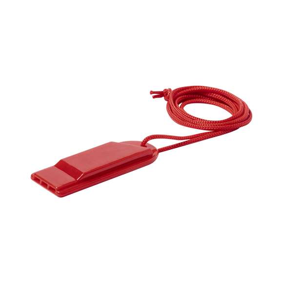 Silbato de original diseño y fabricado en resistente PS. Con cinta para el cuello a juego y disponible en extensa gama de colores.