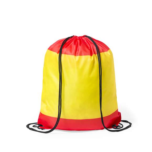 Mochila de cuerdas de suave poliéster 210D y con diseño España. Con cuerdas autocierre en color negro, esquinas reforzadas en polipiel y resistentes argollas metálicas. Resistencia hasta 7kg de peso.