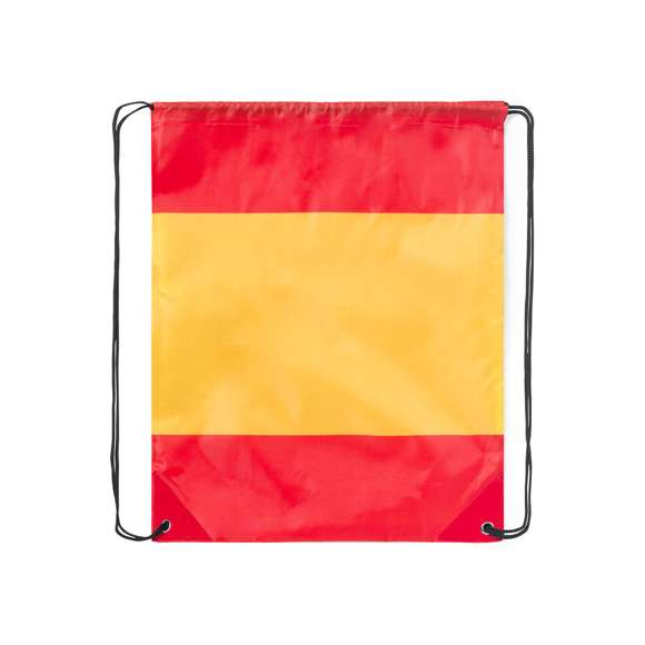 Mochila de cuerdas de suave poliéster 210D y con diseño España. Con cuerdas autocierre en color negro, esquinas reforzadas en polipiel y resistentes argollas metálicas. Resistencia hasta 7kg de peso.