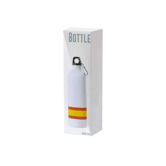 Bidón con diseño España y cuerpo en blanco. De 800 ml de capacidad y acabado en aluminio, con tapón de seguridad a rosca libre de BPA, y mosquetón de transporte. Presentado en atractiva caja de diseño.