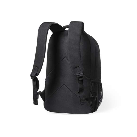 Mochila urban acolchada de línea nature, fabricada en resistente 600D RPET, elaborado a partir de plástico reciclado, para así fomentar la reutilización de residuos plásticos y contribuir a la sostenibilidad del planeta. Bolsillo principal con cierre de cremallera, con banda reflectante y compartimento exterior con tiras elásticas y ajustador. Bolsillos laterales de malla e interior con bolsillo acolchado para portátil de hasta 15 pulgadas y tablet de hasta 12 pulgadas. Cintas acolchadas ajustables para hombro, con asa de transporte reforzada y acolchada. Distintivo RPET en etiqueta exterior.