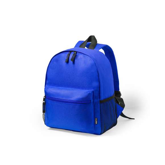 Mochila para niños en resistente 600D RPET, elaborado a partir de plástico reciclado, para así fomentar la reutilización de residuos plásticos y ayudar a la sostenibilidad del planeta. Con cierre de cremallera y bolsillo en frontal, tiradores con cinta para fácil apertura y bolsillos laterales de redecilla. Espalda y cintas de hombros acolchadas y ajustables. Distintivo RPET en etiqueta y disponible en variada gama de colores.