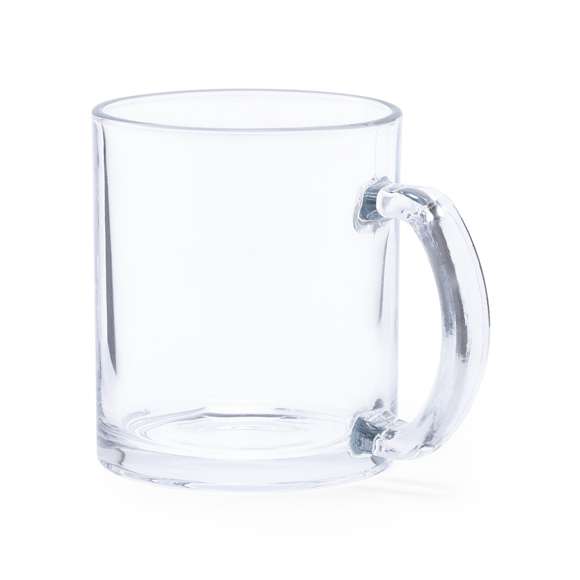 Taza transparente de cristal de 350 ml de capacidad y con asa a juego. Presentada en caja individual de diseño kraft.