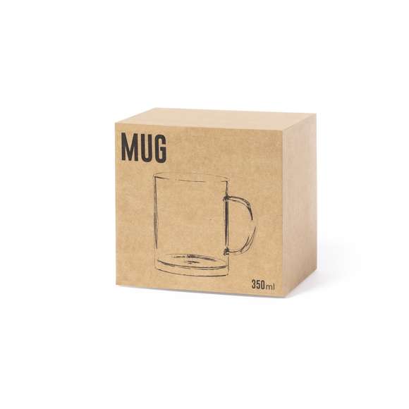 Taza transparente de cristal de 350 ml de capacidad y con asa a juego. Presentada en caja individual de diseño kraft.