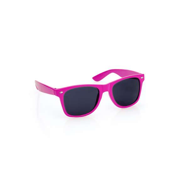 Gafas de sol con protección UV400. Motura resistente con diseño elegante y acabado brillante, en divertidos y variados colores. Las lentes son de color negro para garantizar estilo. Presentado en una bolsa individual reciclada.