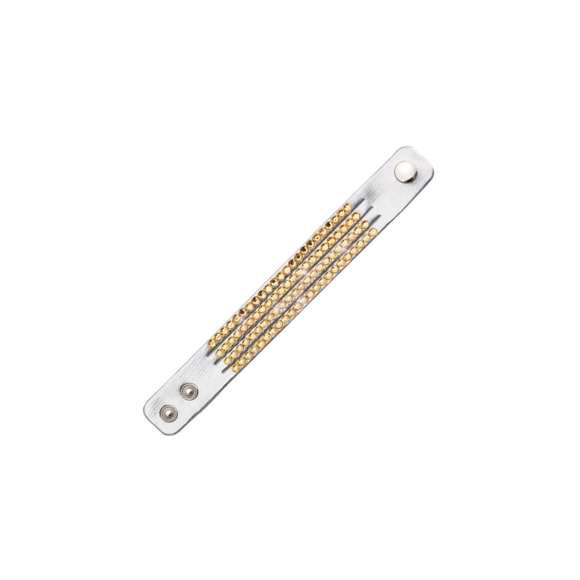 Elegante pulsera de polipiel con incrustaciones brillantea de vivos colores. Con cierre de corchete ajustable.