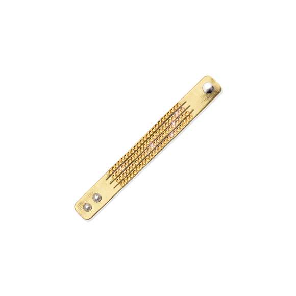 Elegante pulsera de polipiel con incrustaciones brillantea de vivos colores. Con cierre de corchete ajustable.