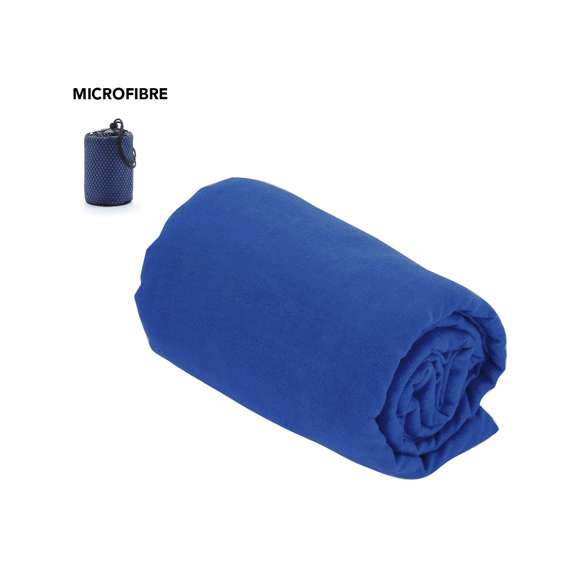 Toalla de 138x72cmcm en absorbente y suave microfibra de 200g/m2 en variados colores. Presentada en práctica bolsa de transporte de redecilla con accesorio de ajuste.