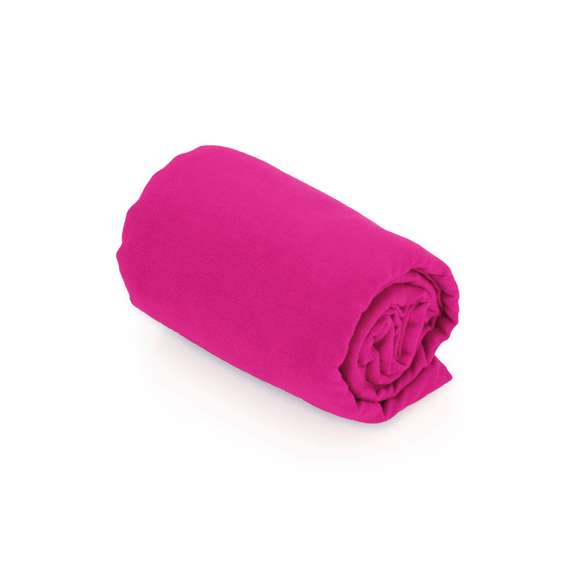 Toalla de 138x72cmcm en absorbente y suave microfibra de 200g/m2 en variados colores. Presentada en práctica bolsa de transporte de redecilla con accesorio de ajuste.