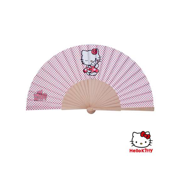 Abanico de Hello Kitty con varillas en madera natural y original diseño en tela con gatito de la marca. Presentado en caja individual.