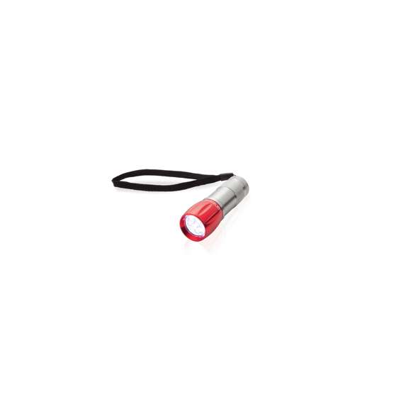 Linterna de Orizons de 9 ledes de alto poder de iluminación. Con resistente cuerpo en aluminio de diseño bicolor con mango antideslizante, pulsador protegido con recubrimiento de resistente goma y cinta de transporte. Alimentación a pilas: 3xAAA no incluidas. Presentada en atractiva caja de diseño con logotipo de la marca.