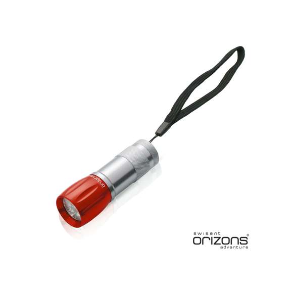 Linterna de Orizons de 9 ledes de alto poder de iluminación. Con resistente cuerpo en aluminio de diseño bicolor con mango antideslizante, pulsador protegido con recubrimiento de resistente goma y cinta de transporte. Alimentación a pilas: 3xAAA no incluidas. Presentada en atractiva caja de diseño con logotipo de la marca.