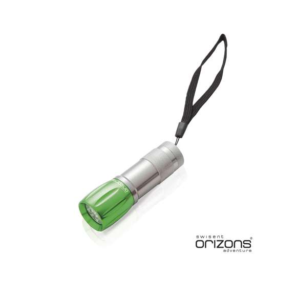 Linterna de Orizons de 9 ledes de alto poder de iluminación. Con resistente cuerpo en aluminio de diseño bicolor con mango antideslizante, pulsador protegido con recubrimiento de resistente goma y cinta de transporte. Alimentación a pilas: 3xAAA no incluidas. Presentada en atractiva caja de diseño con logotipo de la marca.