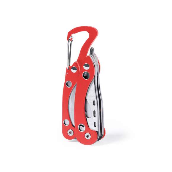 Multiherramienta de orizons con accesorios de acero inox de 6 funciones y mango de aluminio en vivos colores. Con alicates, navaja, abrelatas con destornillador de punta plana con función abrebotellas, destronillador de punta de estrella y mosquetón de acople. Presentada en atractiva caja de diseño con logotipo de la marca.