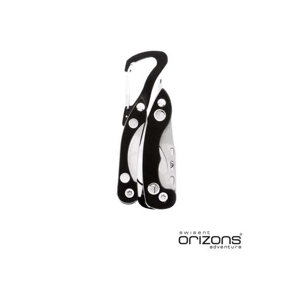 Multiherramienta de orizons con accesorios de acero inox de 6 funciones y mango de aluminio en vivos colores. Con alicates, navaja, abrelatas con destornillador de punta plana con función abrebotellas, destronillador de punta de estrella y mosquetón de acople. Presentada en atractiva caja de diseño con logotipo de la marca.