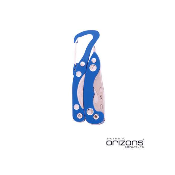 Multiherramienta de orizons con accesorios de acero inox de 6 funciones y mango de aluminio en vivos colores. Con alicates, navaja, abrelatas con destornillador de punta plana con función abrebotellas, destronillador de punta de estrella y mosquetón de acople. Presentada en atractiva caja de diseño con logotipo de la marca.