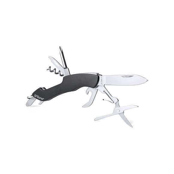 Navaja multiusos de orizons con accesorios de acero inox de 10 funciones y mango de aluminio en vivos colores. Con navaja, tijeras, abrelatas, abrebotellas con destornillador plano, destornillador de punta de estrella, punzón con lima y sacacorchos. Con anilla para llavero y presentada en atractiva caja de diseño con logotipo de la marca.