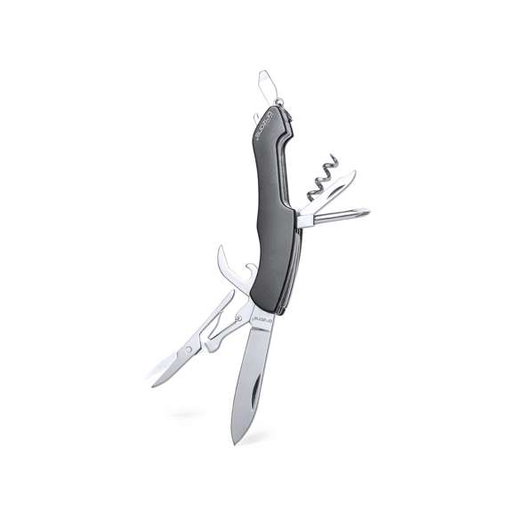 Navaja multiusos de orizons con accesorios de acero inox de 10 funciones y mango de aluminio en vivos colores. Con navaja, tijeras, abrelatas, abrebotellas con destornillador plano, destornillador de punta de estrella, punzón con lima y sacacorchos. Con anilla para llavero y presentada en atractiva caja de diseño con logotipo de la marca.