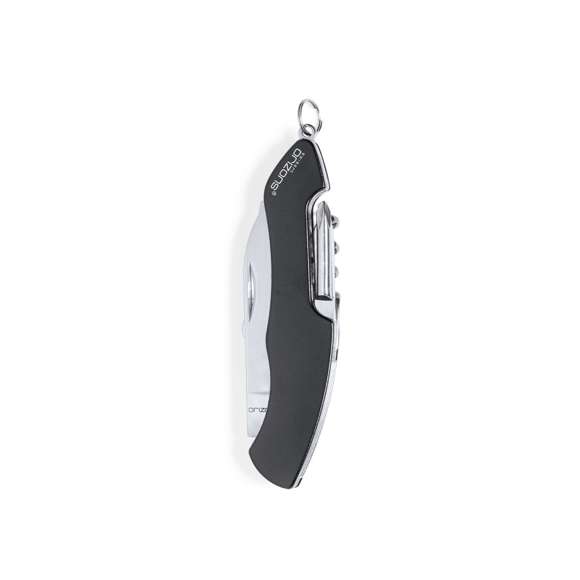 Navaja multiusos de orizons con accesorios de acero inox de 10 funciones y mango de aluminio en vivos colores. Con navaja, tijeras, abrelatas, abrebotellas con destornillador plano, destornillador de punta de estrella, punzón con lima y sacacorchos. Con anilla para llavero y presentada en atractiva caja de diseño con logotipo de la marca.